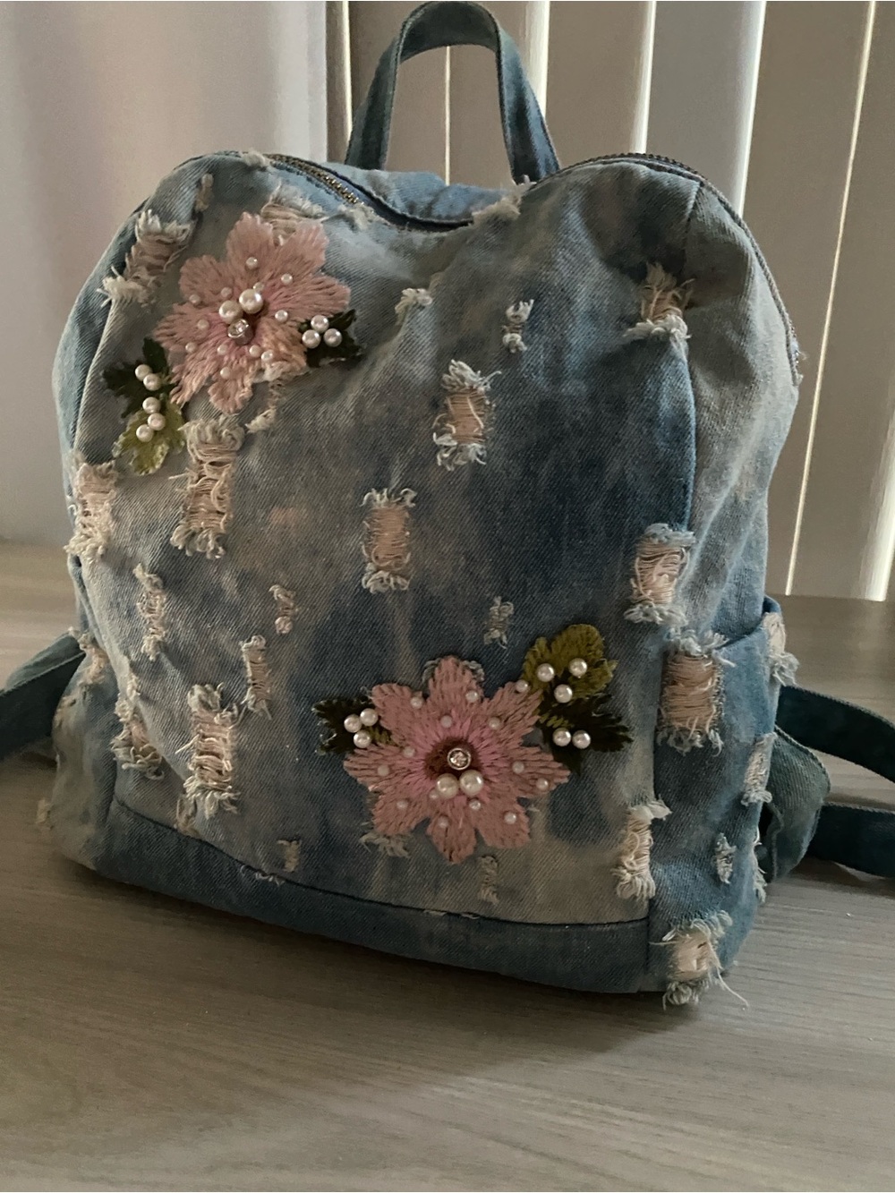90’s floral embroidered Distressed Denim Backpack academic fairy feminine